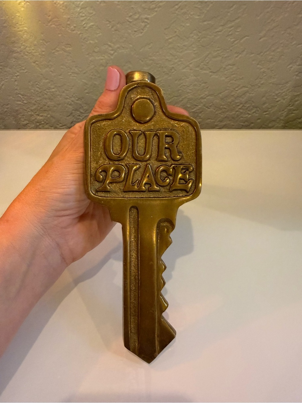 Vintage Brass Key Door Knocker | 'Our Place' Embossed